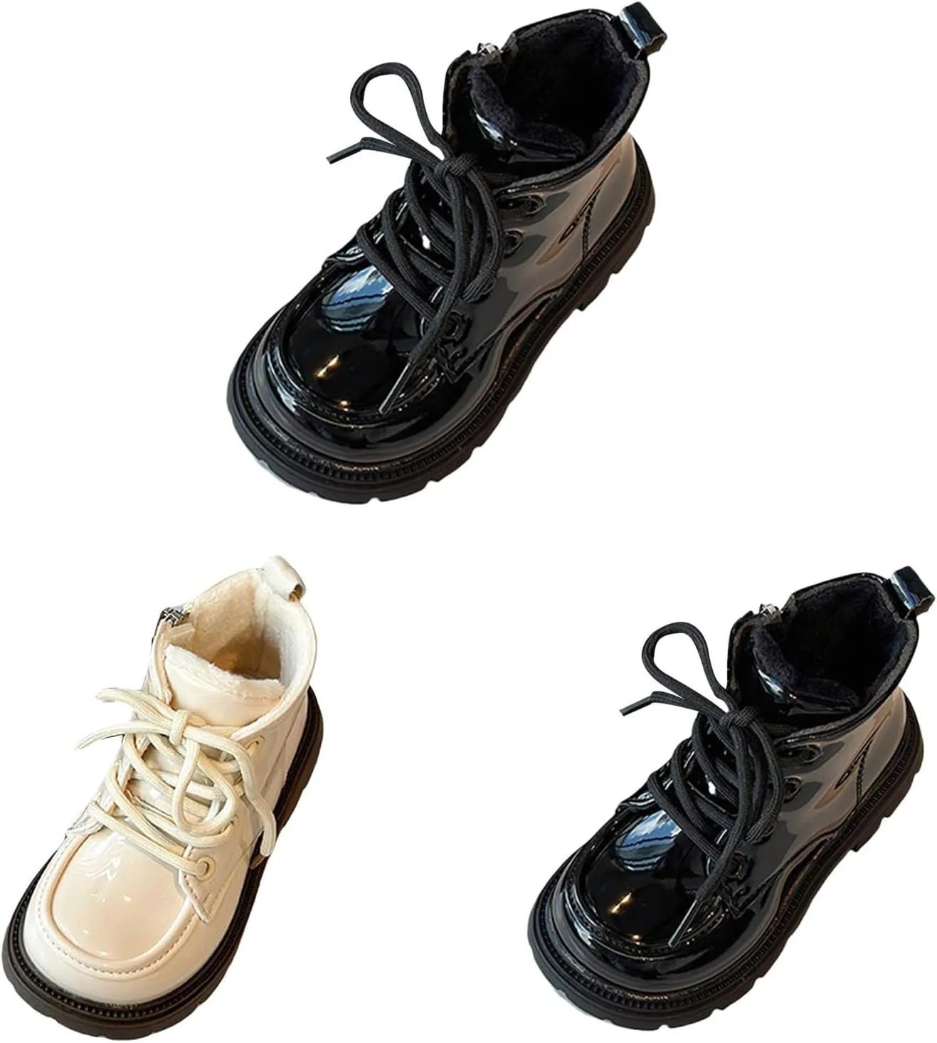 2 to 11 Years Girls Winter Fleece Lined Leather Ankle Boots Water-Proof Lace-up Zip Soft Sole Wide Toe Snow Shoes