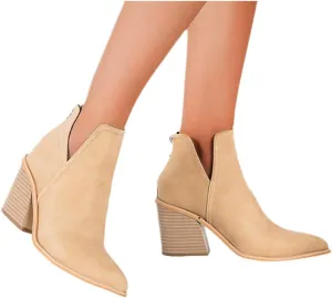 Ankle Booties for Women V Cut,Ankle Boots Pointed Toe Slip On Side Cutout Solid Color Chunky Block Stacked Mid Heel Booties