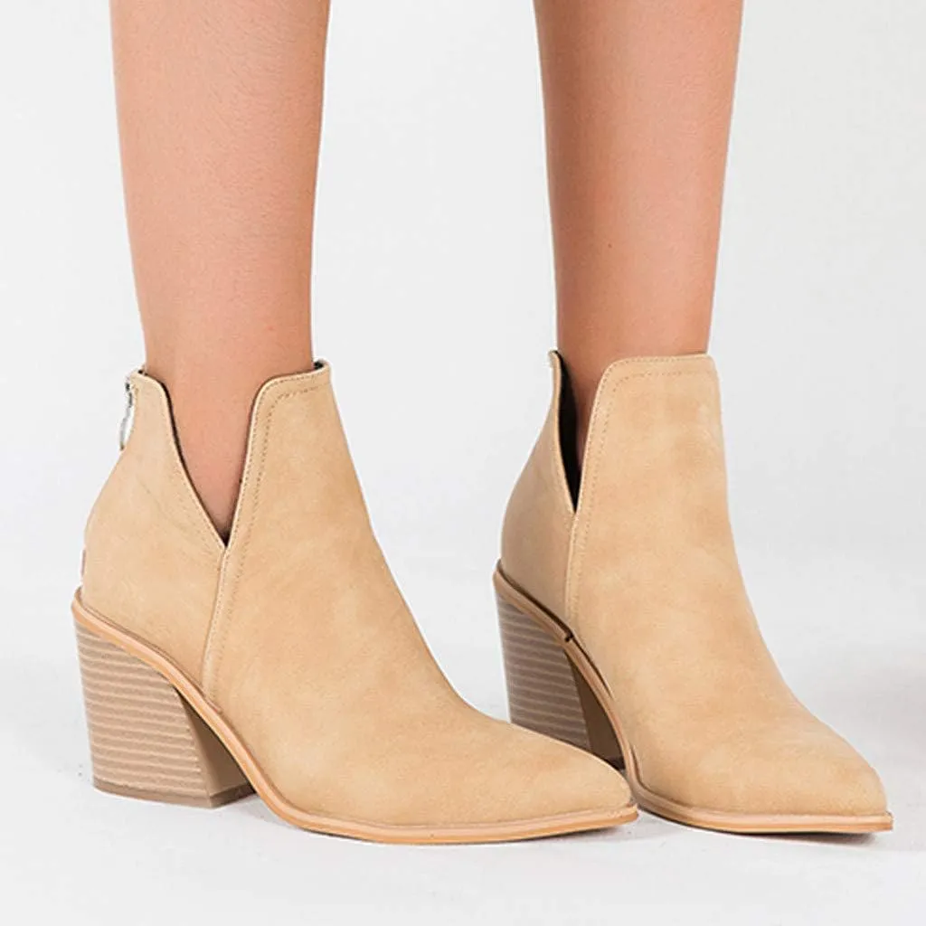 Ankle Booties for Women V Cut,Ankle Boots Pointed Toe Slip On Side Cutout Solid Color Chunky Block Stacked Mid Heel Booties