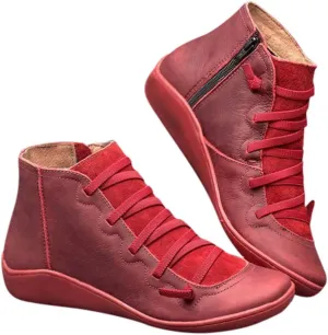 Ankle Boots for Women No Heel,2019 New Arch Support Boots Side Zipper Vintage Leather Damping Shoes Flat Heel Booties