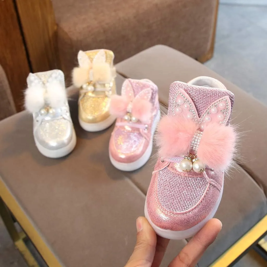 Baby Girls Boys Boots Led High Top First Walking Shoes Rabbit Ear Cotton 𝐋ining Luminous Light up Casual Shoes