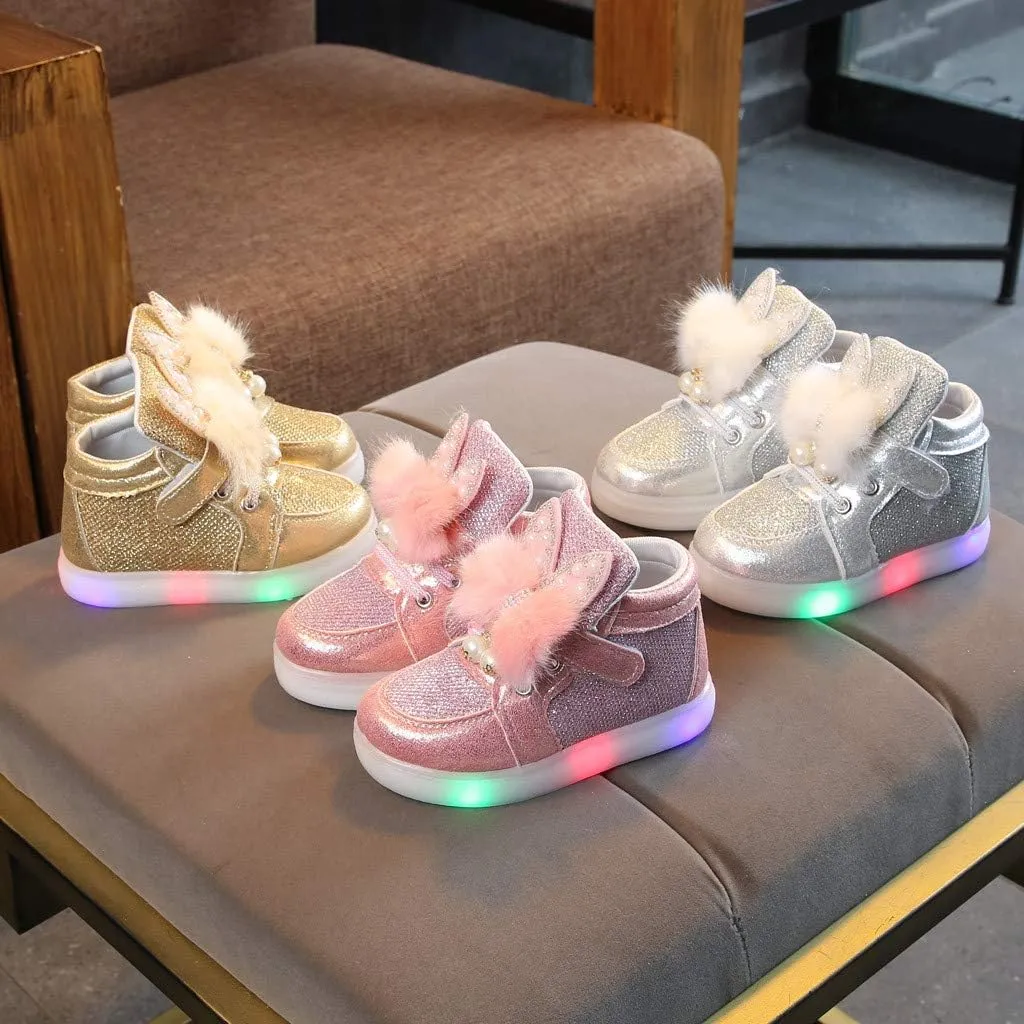 Baby Girls Boys Boots Led High Top First Walking Shoes Rabbit Ear Cotton 𝐋ining Luminous Light up Casual Shoes