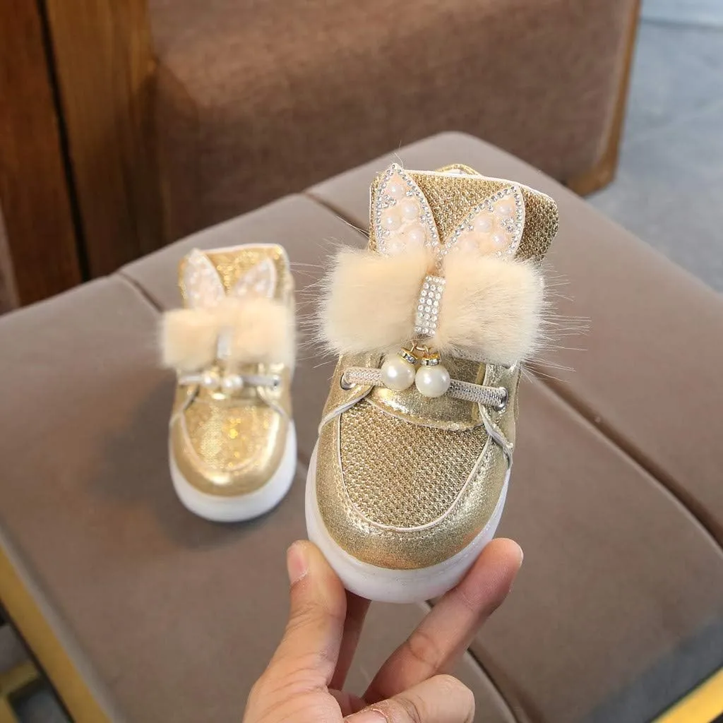Baby Girls Boys Boots Led High Top First Walking Shoes Rabbit Ear Cotton 𝐋ining Luminous Light up Casual Shoes