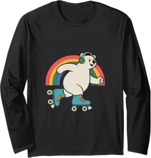 Bear In A Roller Skate Shoes Rainbow Kawaii Roller Skating Long Sleeve T-Shirt