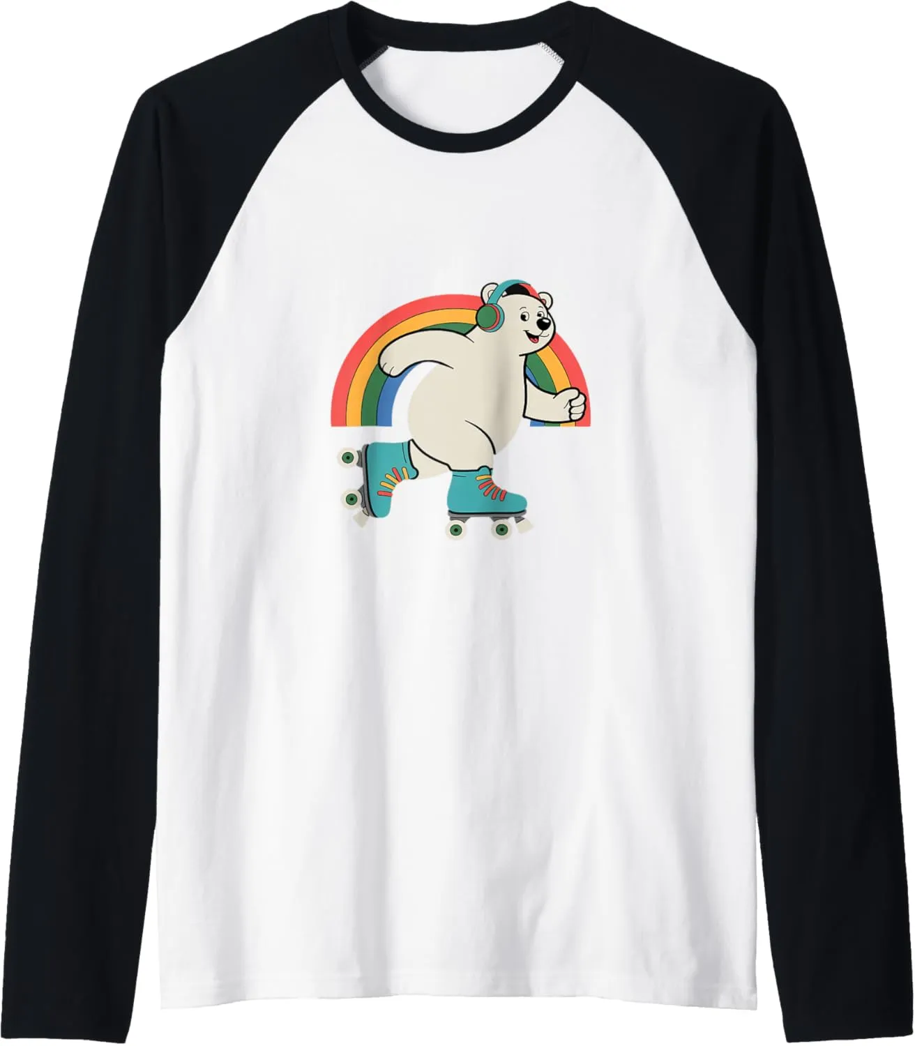 Bear In A Roller Skate Shoes Rainbow Kawaii Roller Skating Raglan Baseball Tee