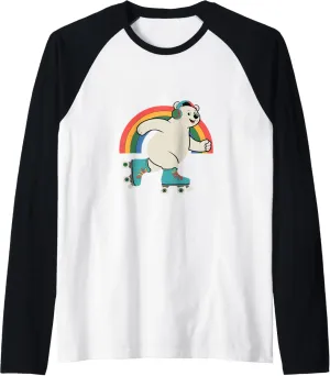 Bear In A Roller Skate Shoes Rainbow Kawaii Roller Skating Raglan Baseball Tee