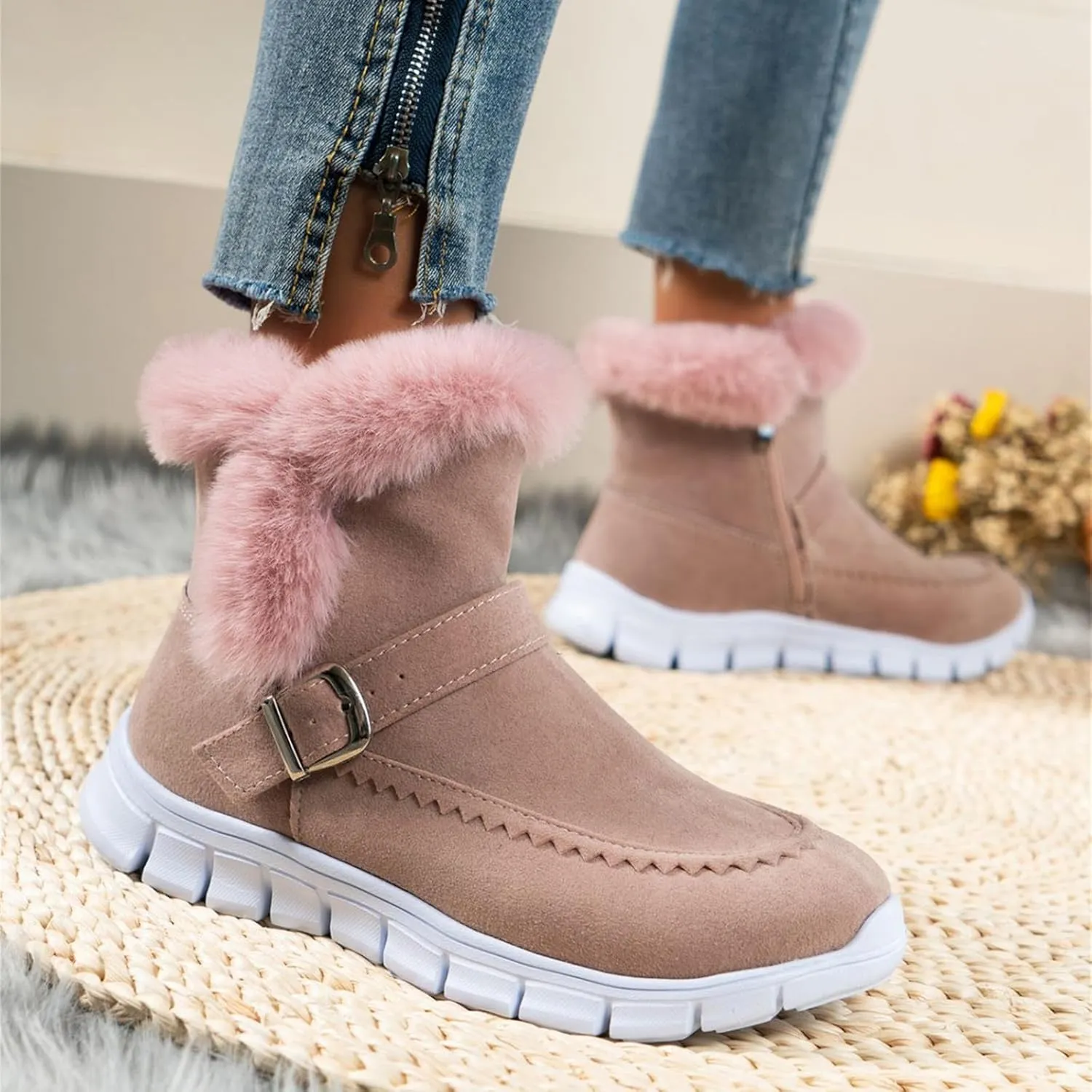 Boots For Women Ankle Booties With Fur Lined Warm Snow Winter Boots Comfortable Casual Fashion Trendy Loafers Shoes