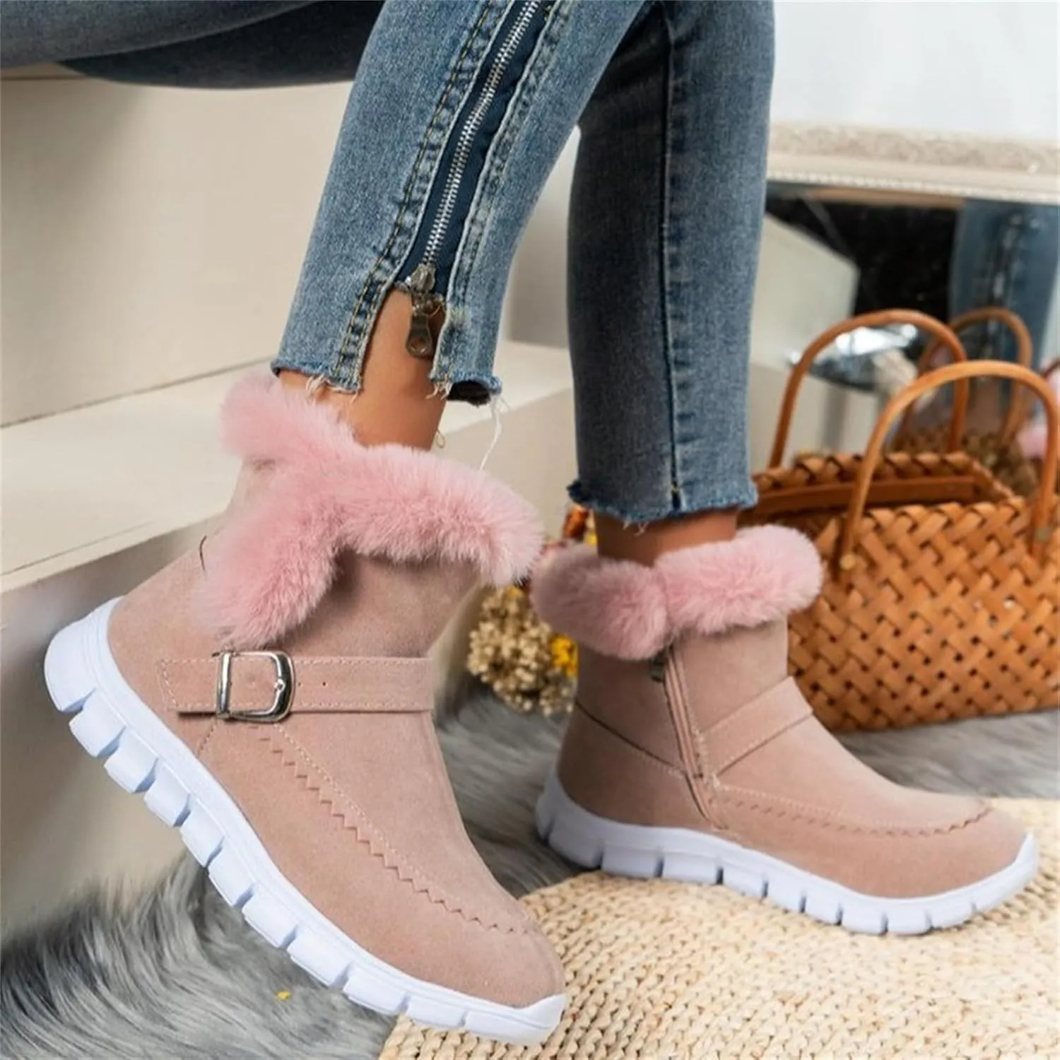 Boots For Women Ankle Booties With Fur Lined Warm Snow Winter Boots Comfortable Casual Fashion Trendy Loafers Shoes