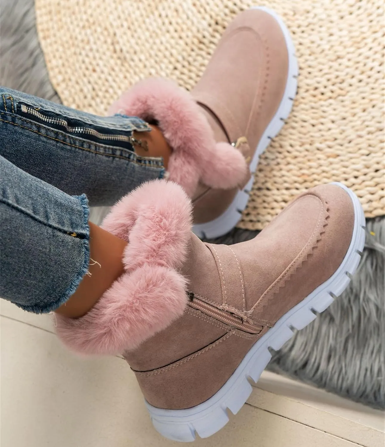 Boots For Women Ankle Booties With Fur Lined Warm Snow Winter Boots Comfortable Casual Fashion Trendy Loafers Shoes