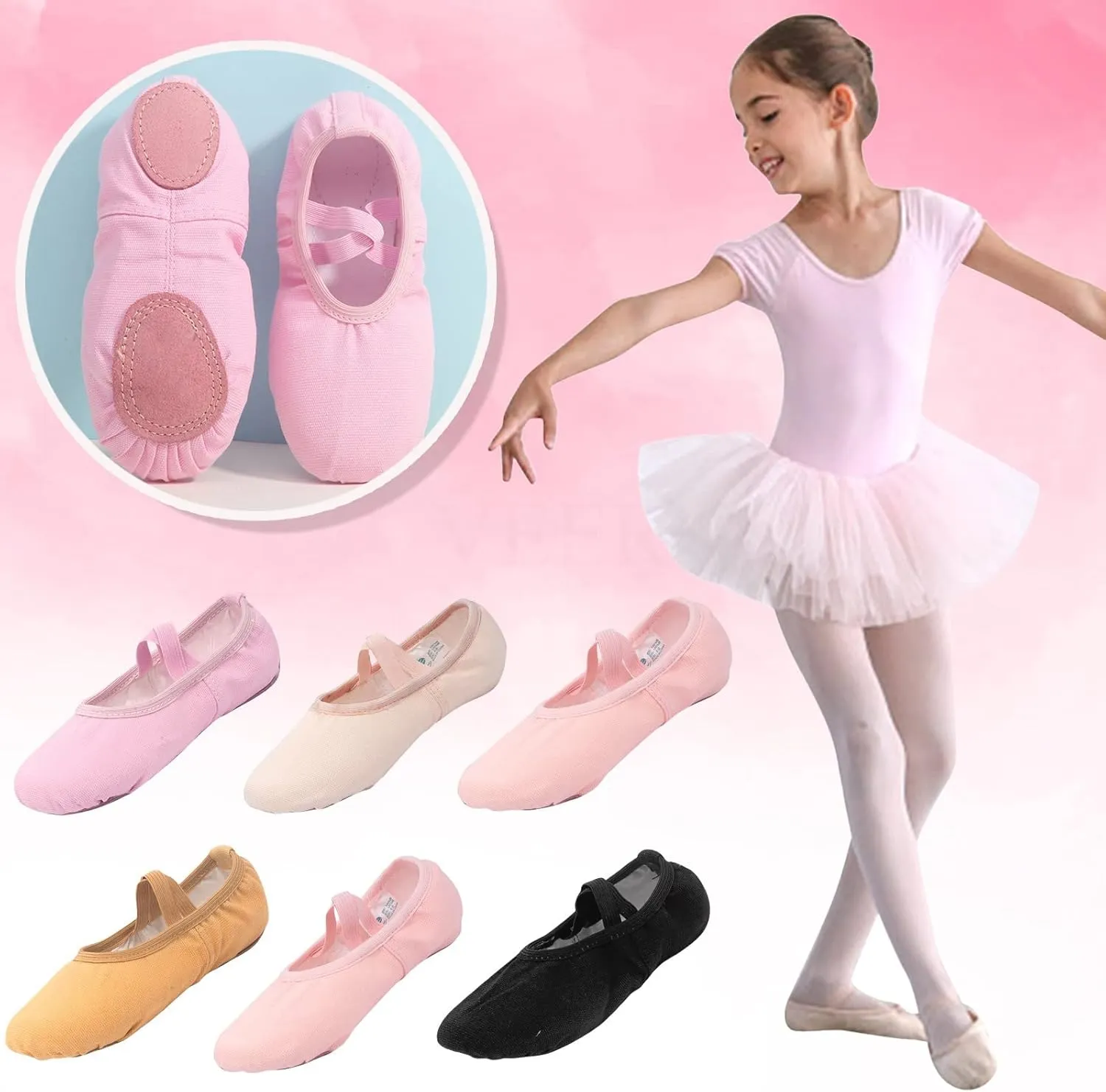Canvas Ballet Shoes for Girls, Kids Dance Practice Slippers Split Soft Leather Flat Sole Yoga Gymnastics Shoes