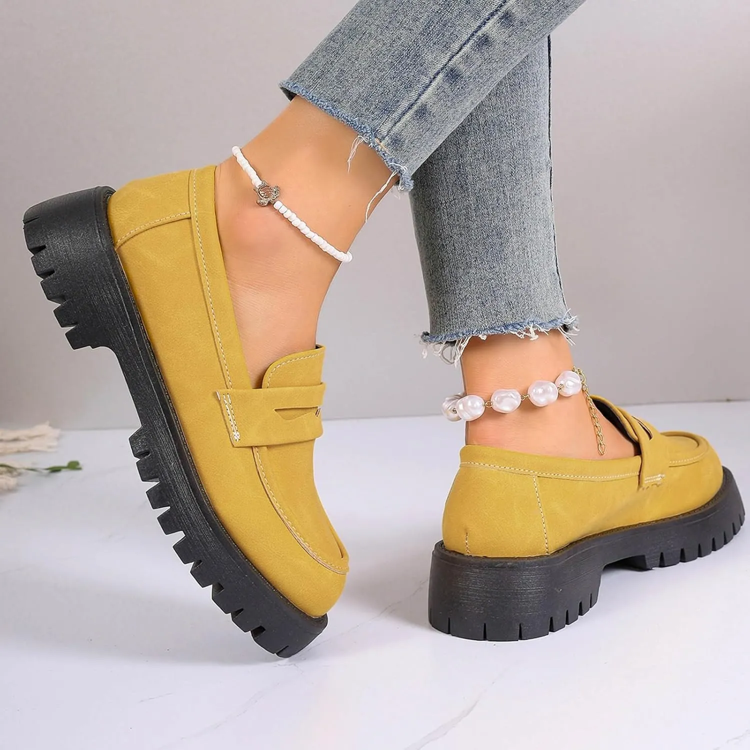 Chunky Loafers Women Slip-On Business Shoes Comfortable Work Shoes Casual Platform Loafers Leather Penny Loafers