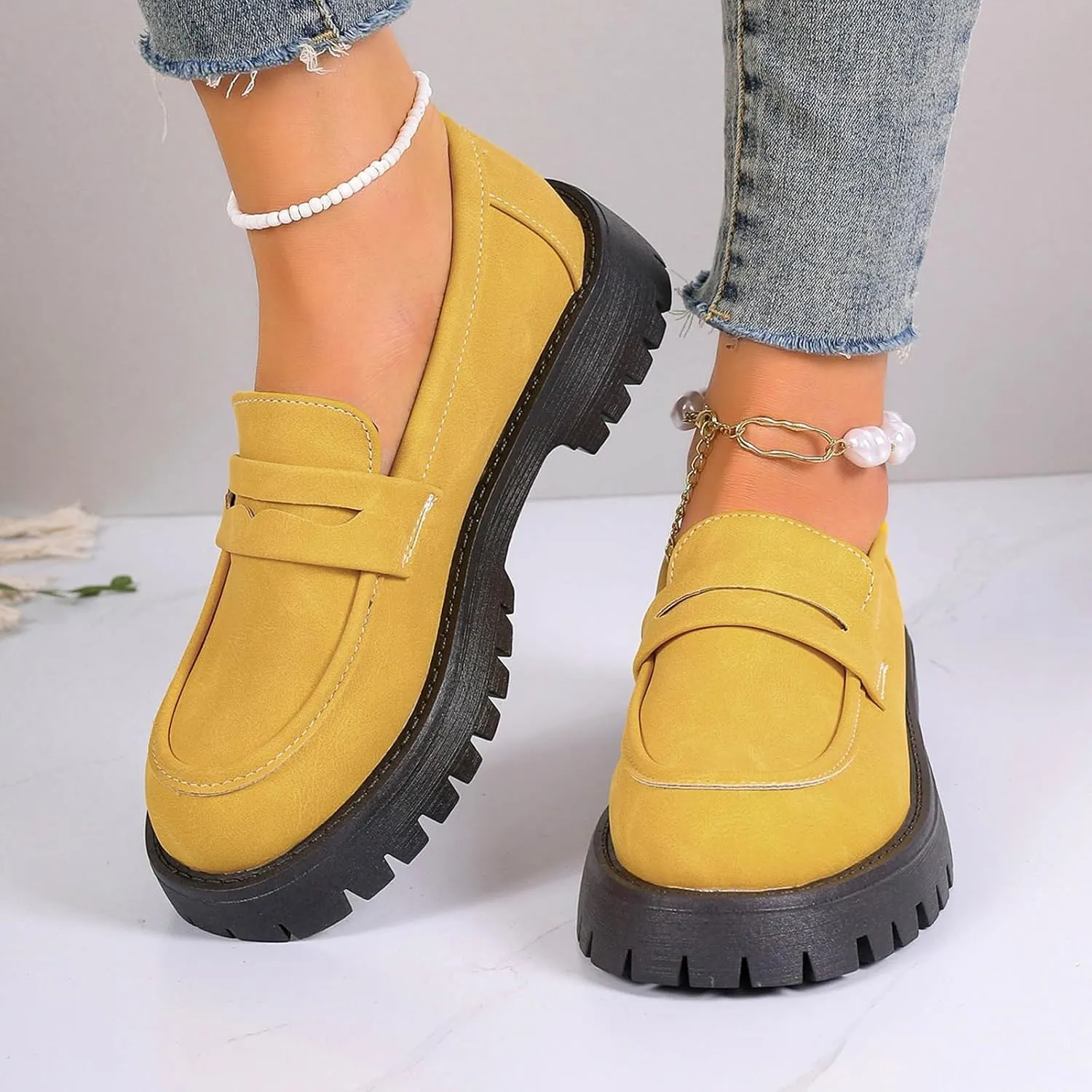 Chunky Loafers Women Slip-On Business Shoes Comfortable Work Shoes Casual Platform Loafers Leather Penny Loafers