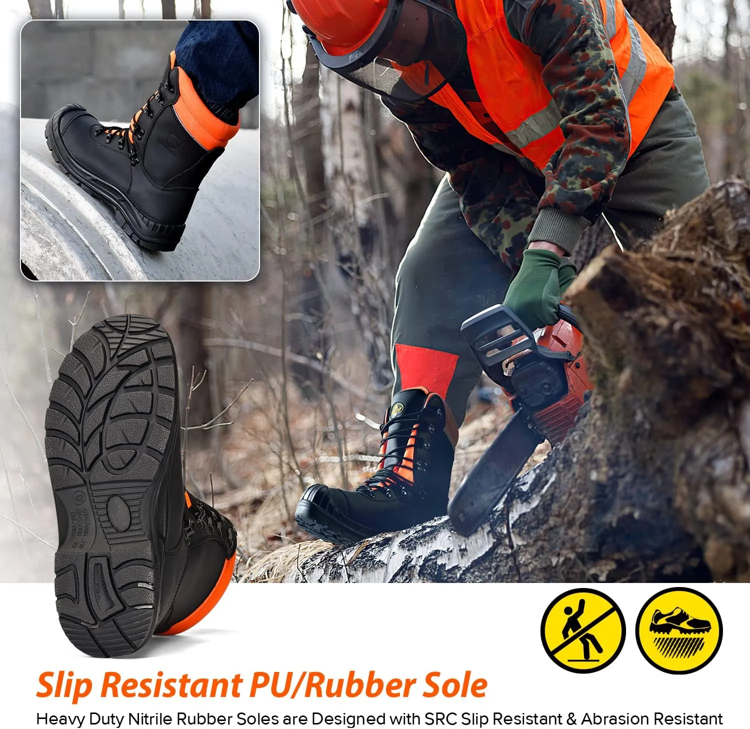 Class 1 Ultra Cow Leather Chainsaw Work Boots - Protective Grade 1 Steel Toe Cap Safety Shoes Kevlar Plate Safety Boots For Men with Slip-Resistant Soles