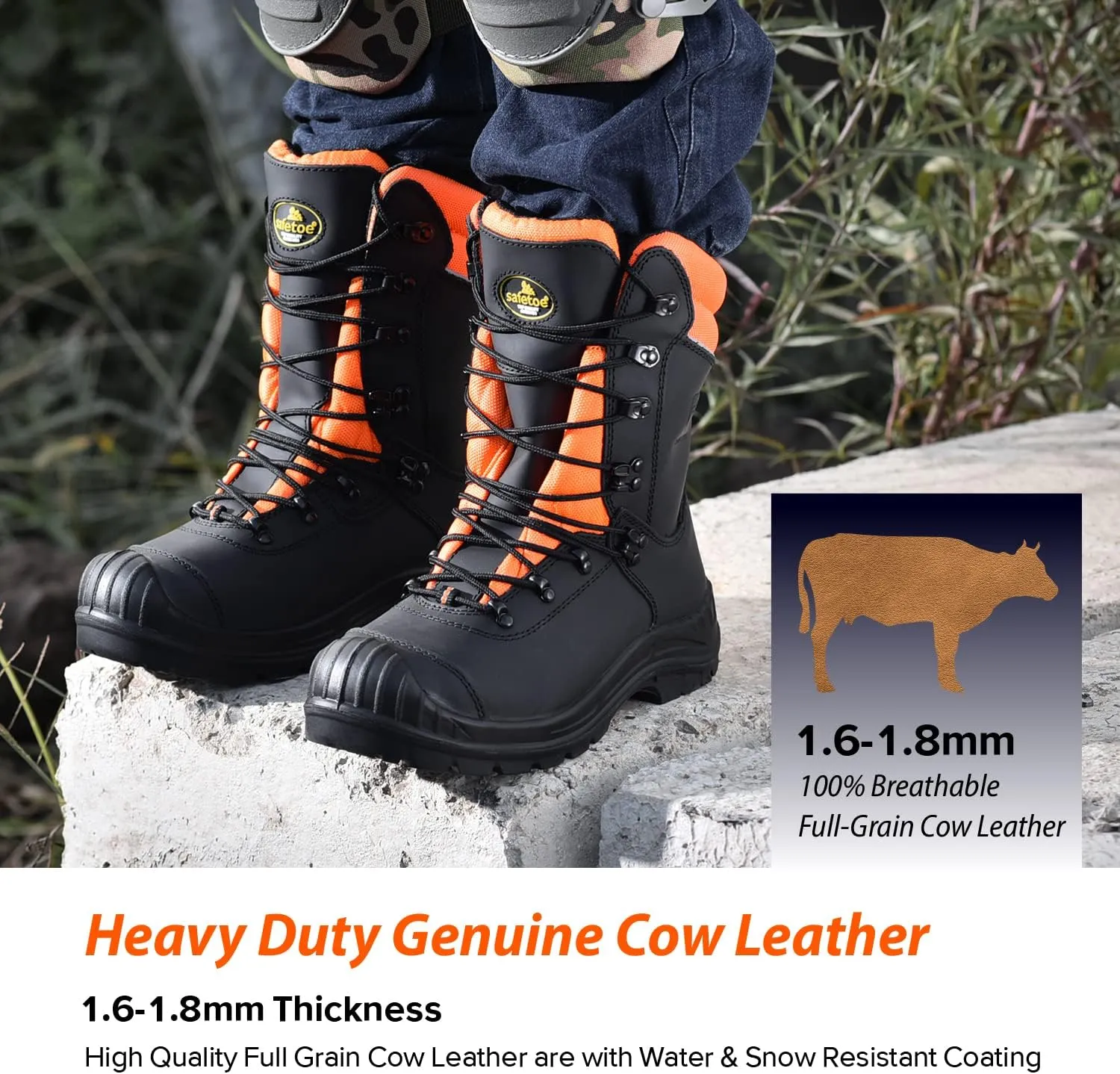 Class 1 Ultra Cow Leather Chainsaw Work Boots - Protective Grade 1 Steel Toe Cap Safety Shoes Kevlar Plate Safety Boots For Men with Slip-Resistant Soles