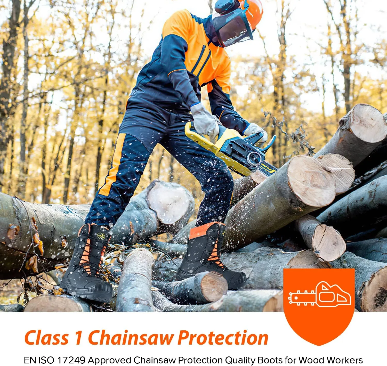 Class 1 Ultra Cow Leather Chainsaw Work Boots - Protective Grade 1 Steel Toe Cap Safety Shoes Kevlar Plate Safety Boots For Men with Slip-Resistant Soles