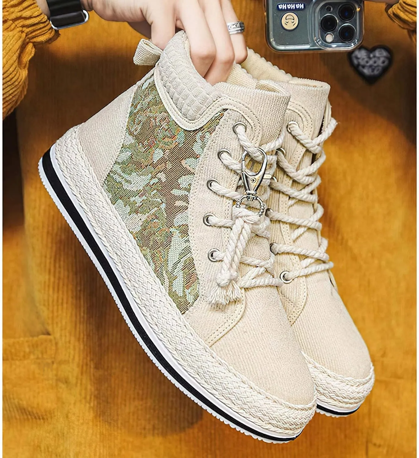 Exusiai Men High-Top Distressed Denim Skate Shoes Breathable Cloth Non-Slip Outdoor Casual Shoes Good Grip, Lace-Up Closure, Round Toe