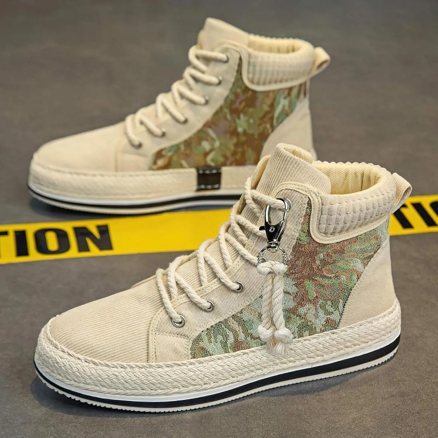Exusiai Men High-Top Distressed Denim Skate Shoes Breathable Cloth Non-Slip Outdoor Casual Shoes Good Grip, Lace-Up Closure, Round Toe