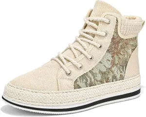 Exusiai Men High-Top Distressed Denim Skate Shoes Breathable Cloth Non-Slip Outdoor Casual Shoes Good Grip, Lace-Up Closure, Round Toe