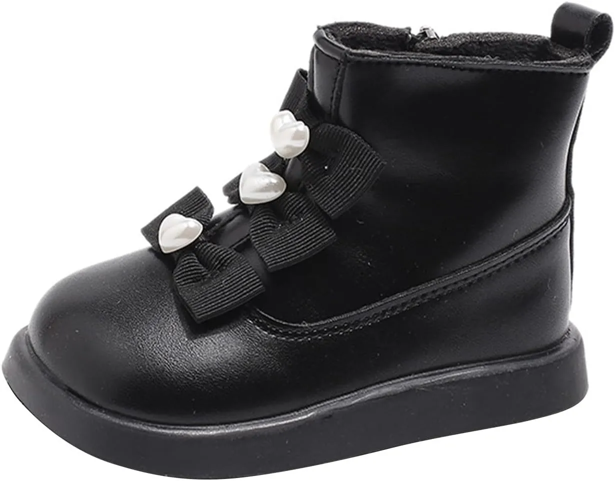 Fashion Bowtie Ankle Boots for Toddler Girls PU Leather Water Proof Princess School Shoes Thick Cozy Sweet Flat