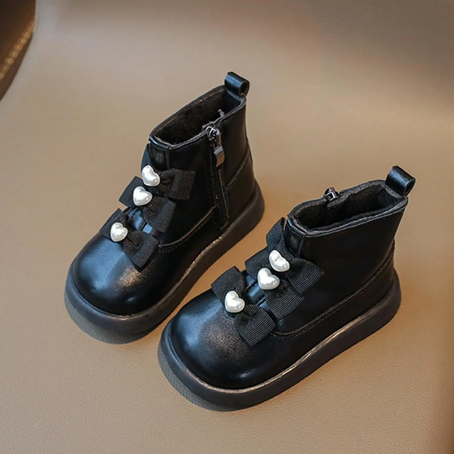 Fashion Bowtie Ankle Boots for Toddler Girls PU Leather Water Proof Princess School Shoes Thick Cozy Sweet Flat