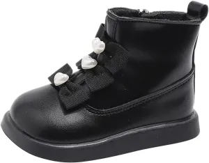 Fashion Bowtie Ankle Boots for Toddler Girls PU Leather Water Proof Princess School Shoes Thick Cozy Sweet Flat