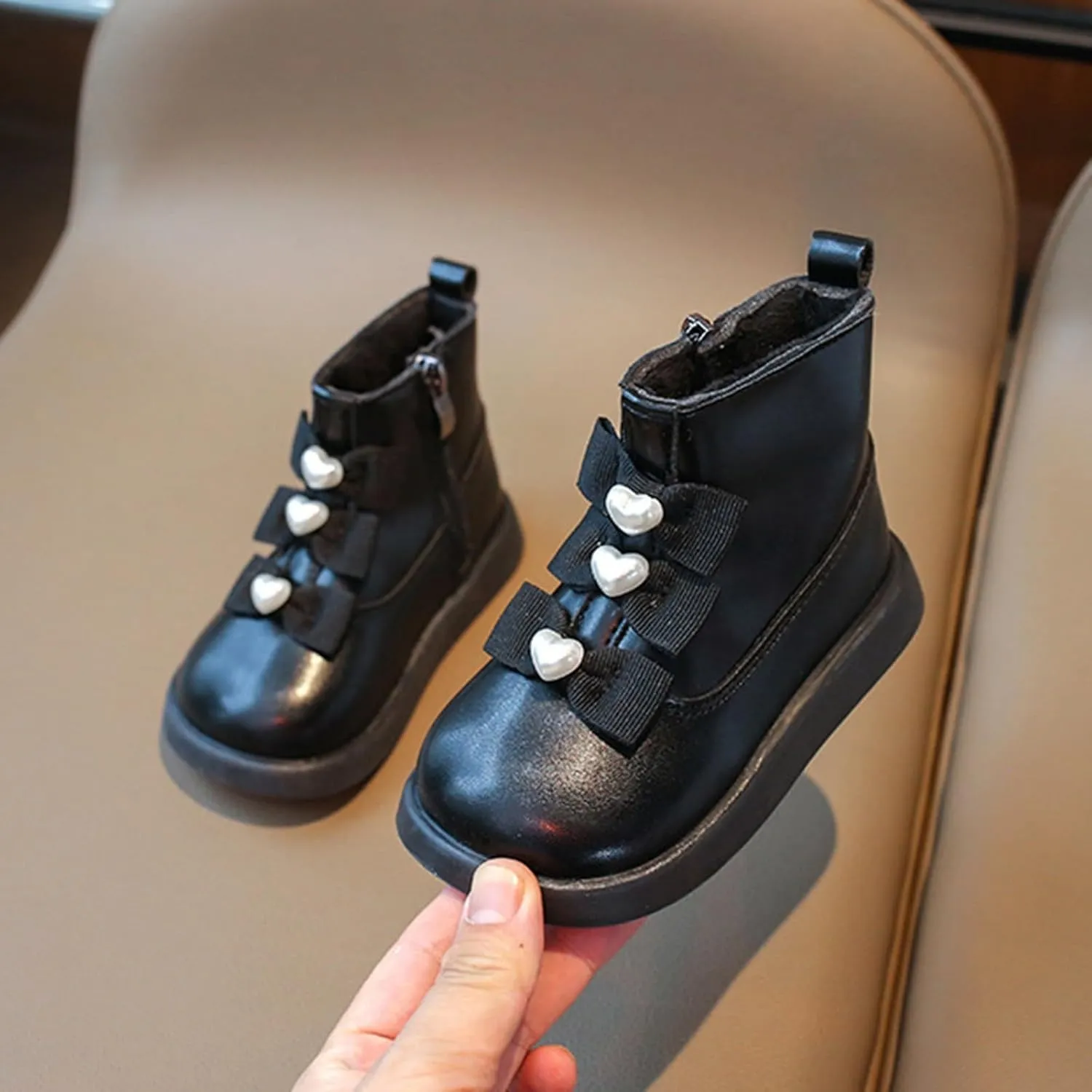 Fashion Bowtie Ankle Boots for Toddler Girls PU Leather Water Proof Princess School Shoes Thick Cozy Sweet Flat