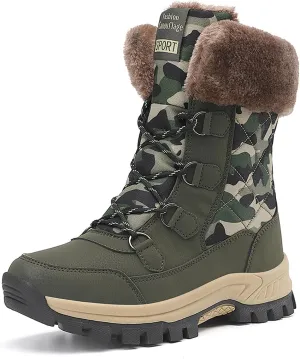 FLIOZY Womens Snow Boots Anti-Slip Waterproof Lace Up Camouflage Winter Mid-Calf Boot Warm Fur Lined Shoes for Women