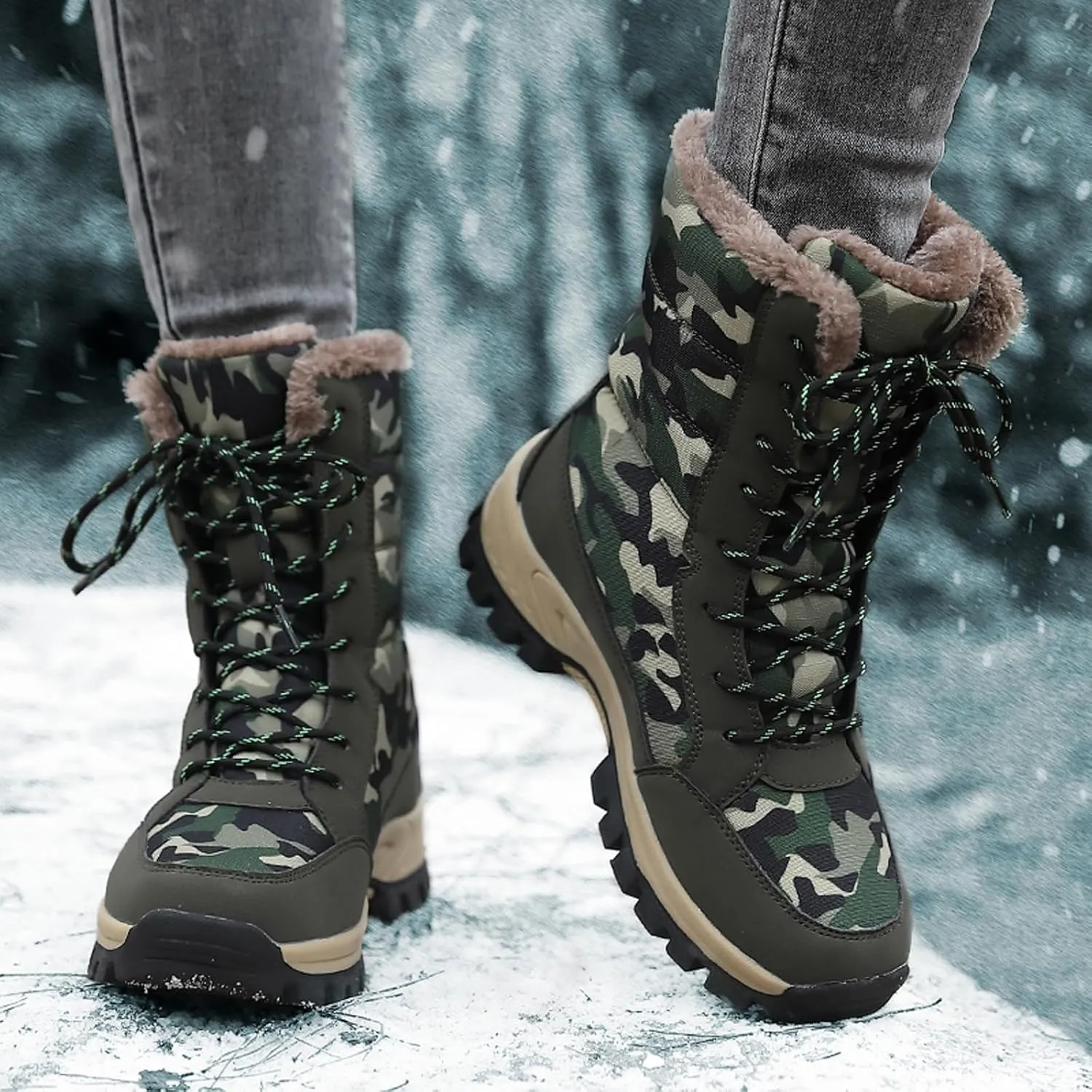 FLIOZY Womens Snow Boots Anti-Slip Waterproof Lace Up Camouflage Winter Mid-Calf Boot Warm Fur Lined Shoes for Women