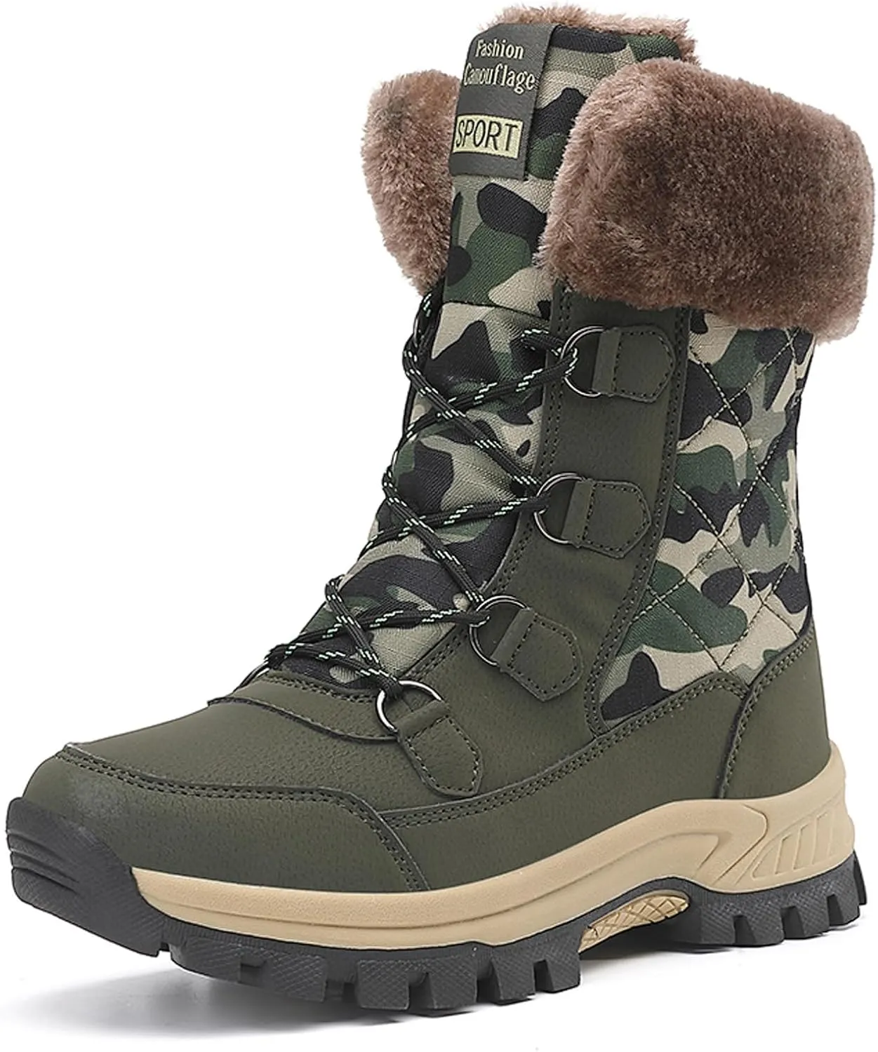 FLIOZY Womens Snow Boots Anti-Slip Waterproof Lace Up Camouflage Winter Mid-Calf Boot Warm Fur Lined Shoes for Women