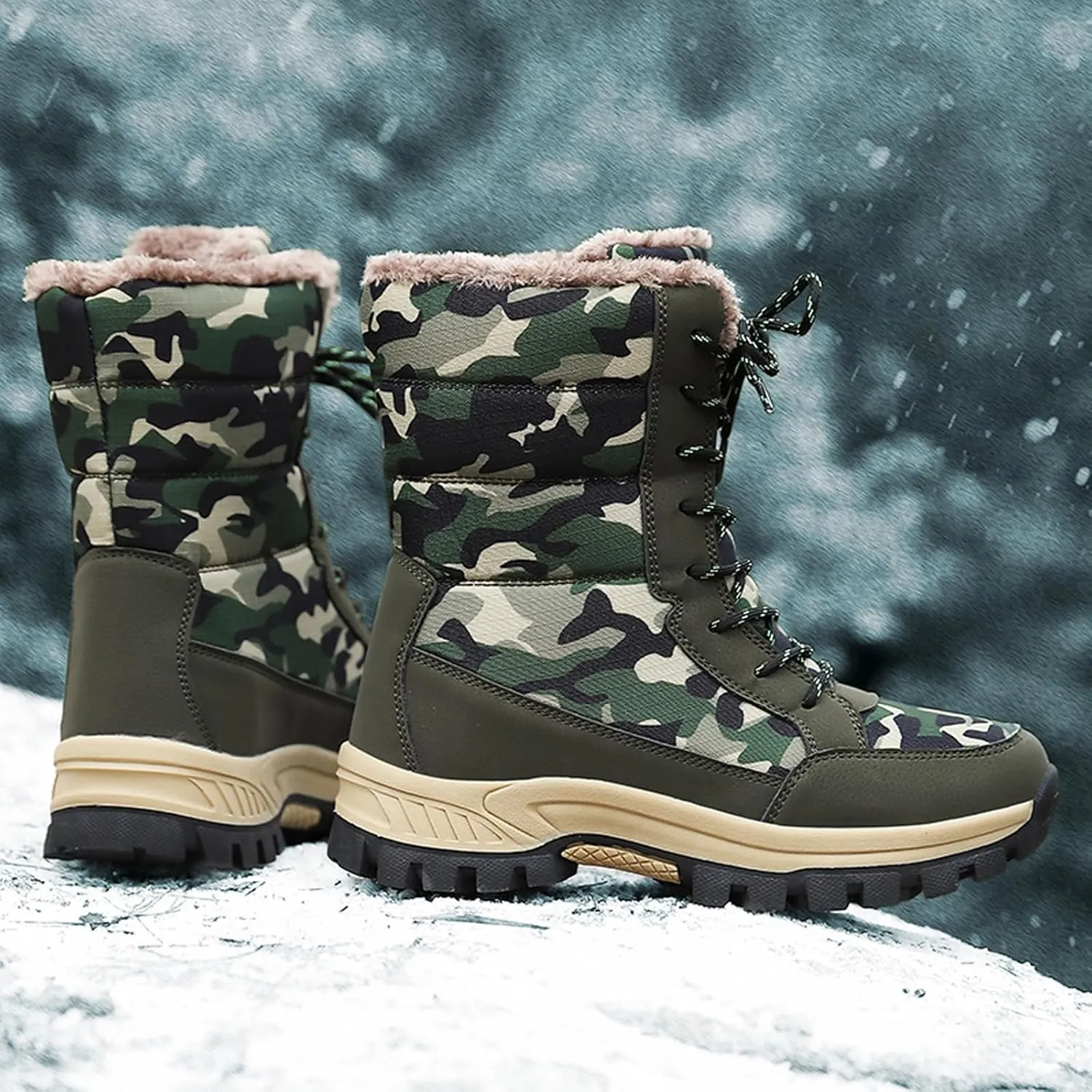 FLIOZY Womens Snow Boots Anti-Slip Waterproof Lace Up Camouflage Winter Mid-Calf Boot Warm Fur Lined Shoes for Women