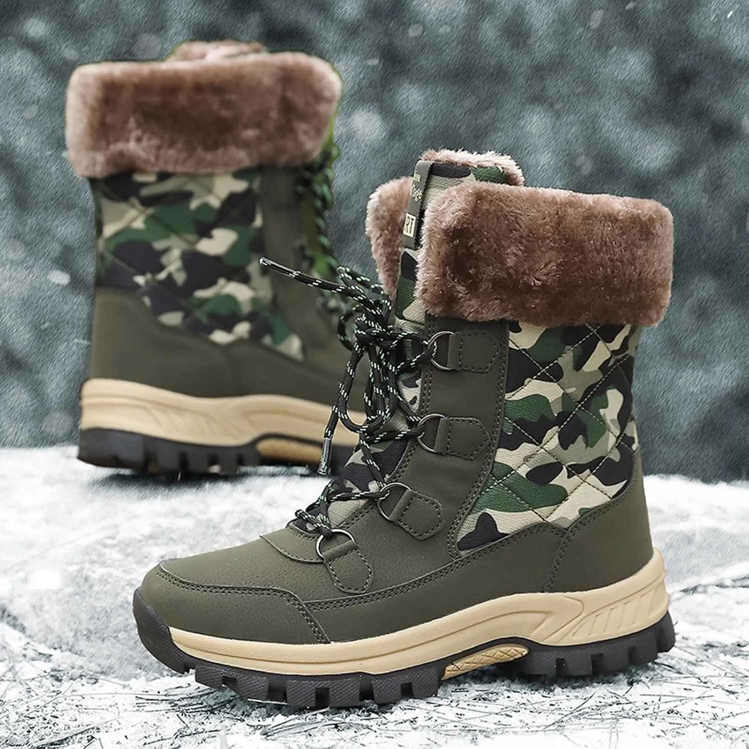 FLIOZY Womens Snow Boots Anti-Slip Waterproof Lace Up Camouflage Winter Mid-Calf Boot Warm Fur Lined Shoes for Women
