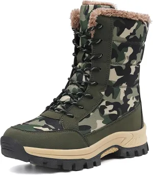 FLIOZY Womens Snow Boots Anti-Slip Waterproof Lace Up Camouflage Winter Mid-Calf Boot Warm Fur Lined Shoes for Women