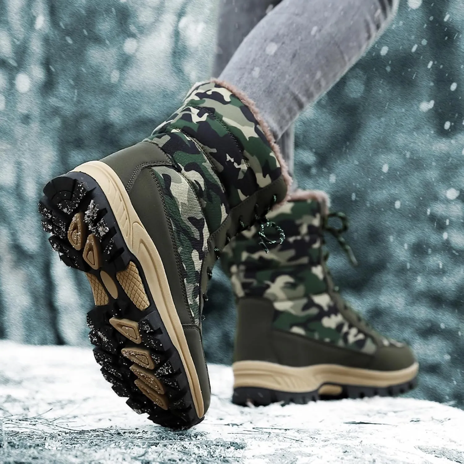 FLIOZY Womens Snow Boots Anti-Slip Waterproof Lace Up Camouflage Winter Mid-Calf Boot Warm Fur Lined Shoes for Women