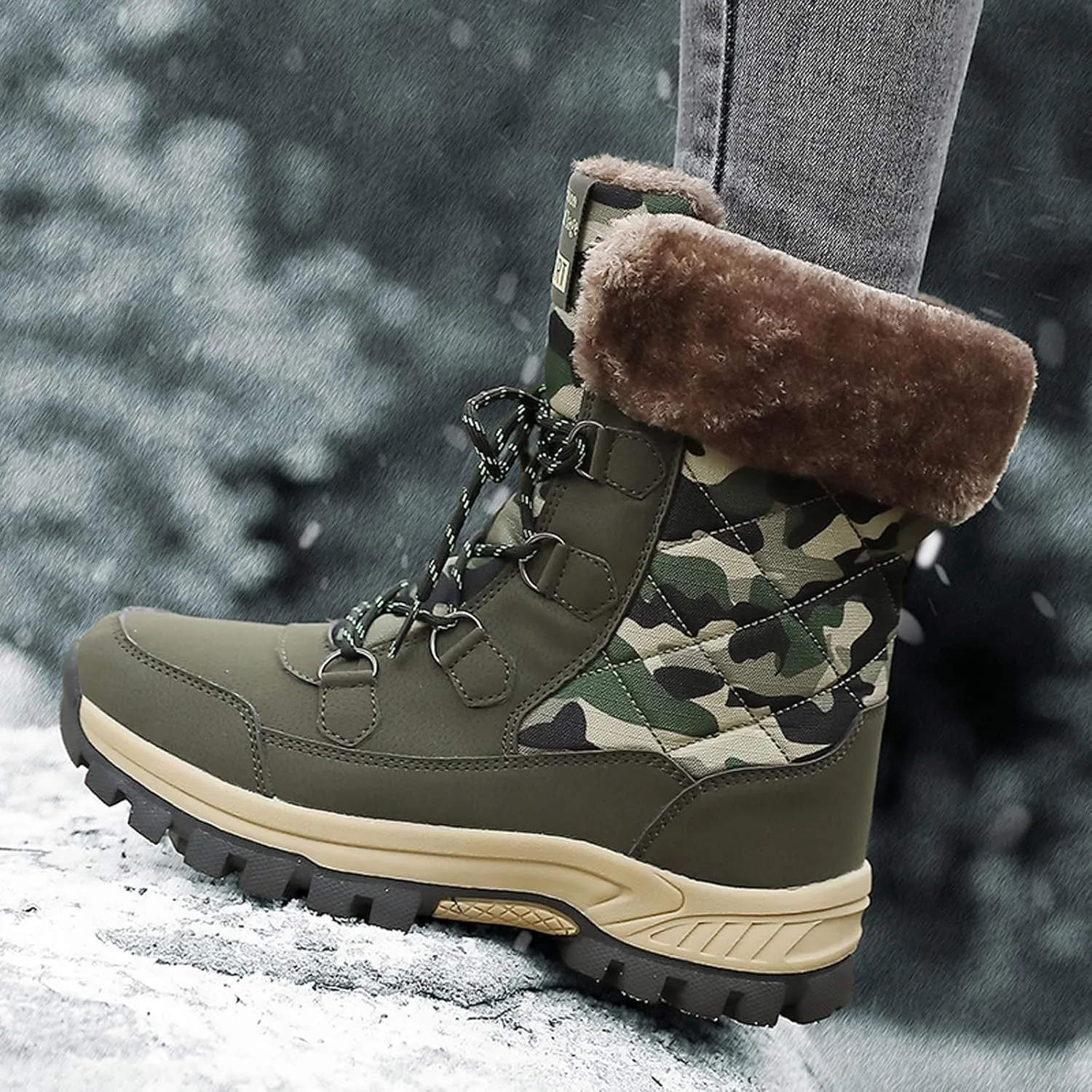 FLIOZY Womens Snow Boots Anti-Slip Waterproof Lace Up Camouflage Winter Mid-Calf Boot Warm Fur Lined Shoes for Women