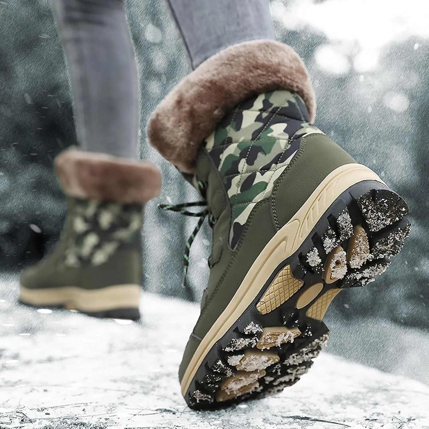 FLIOZY Womens Snow Boots Anti-Slip Waterproof Lace Up Camouflage Winter Mid-Calf Boot Warm Fur Lined Shoes for Women