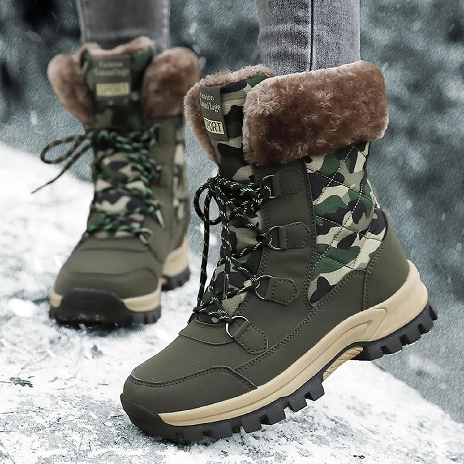 FLIOZY Womens Snow Boots Anti-Slip Waterproof Lace Up Camouflage Winter Mid-Calf Boot Warm Fur Lined Shoes for Women