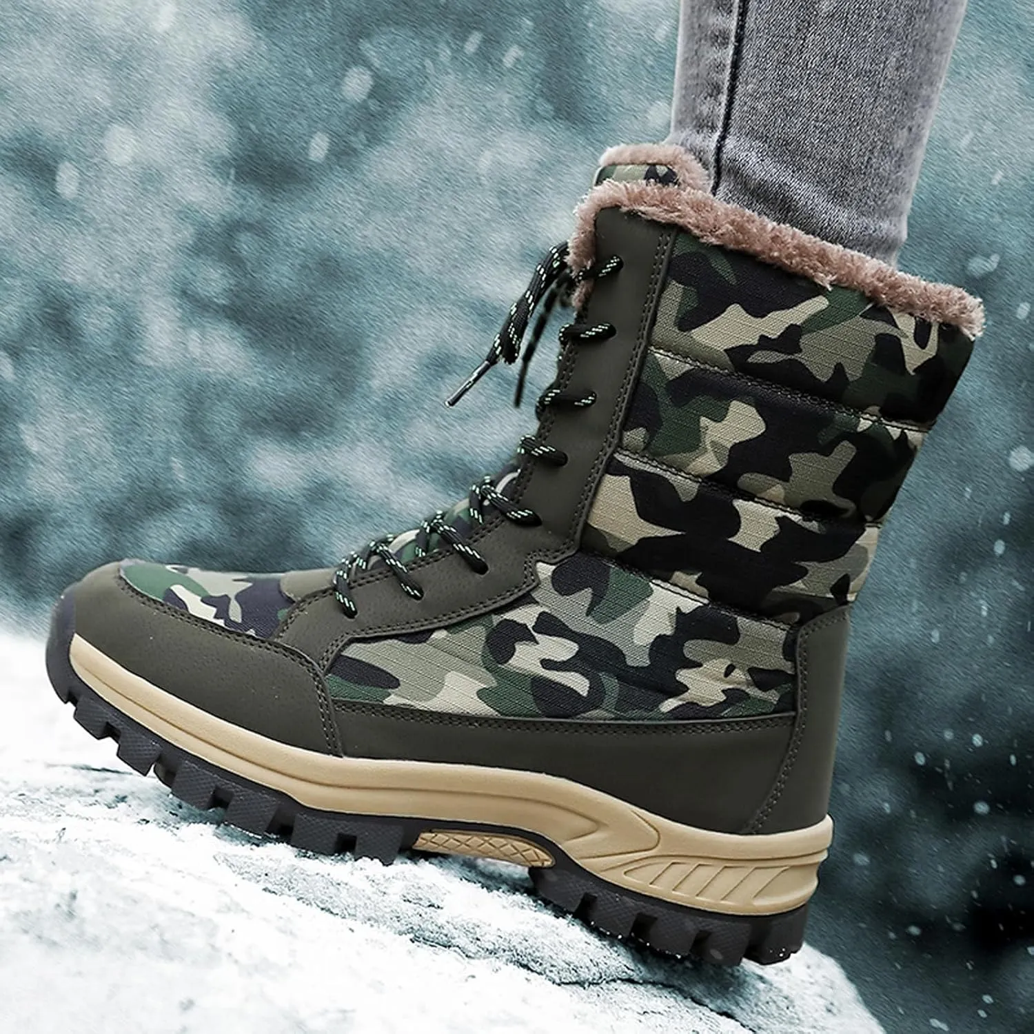 FLIOZY Womens Snow Boots Anti-Slip Waterproof Lace Up Camouflage Winter Mid-Calf Boot Warm Fur Lined Shoes for Women