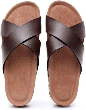 GHYUBYER Slippers for Men Summer Cross Strap Sandals，Arch Support Slides Cork Footbed Outwear Beach Shoes Sandals Fashion(Color:Brown,Size:45 EU)