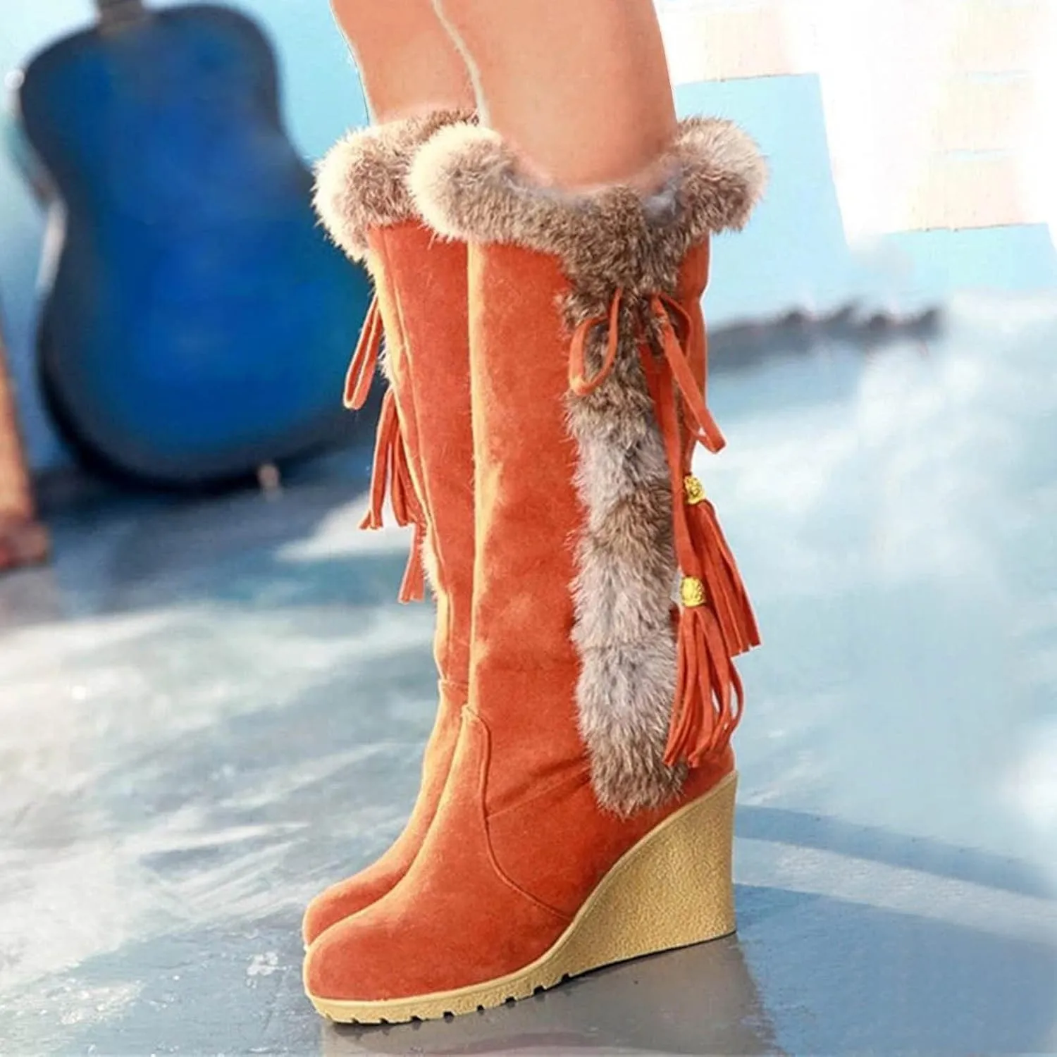 Gibobby Cowgirl Boots Women Platform Booties Cowboy Knee High Boots Knee Length Stacked Chunky Heel Tassel Boots 52
