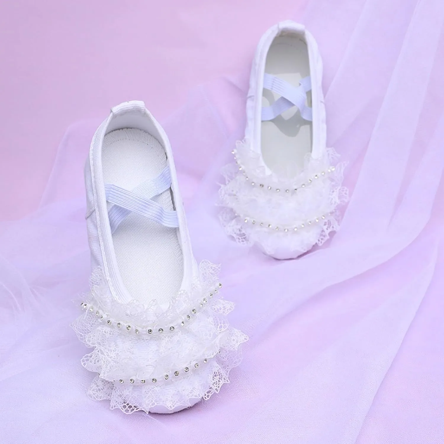 Girls Ballet Shoes Lace Floral Ballet Slippers Dance Shoes Slip on Ballerina Flats Anti-Slip Sole Practice Slippers