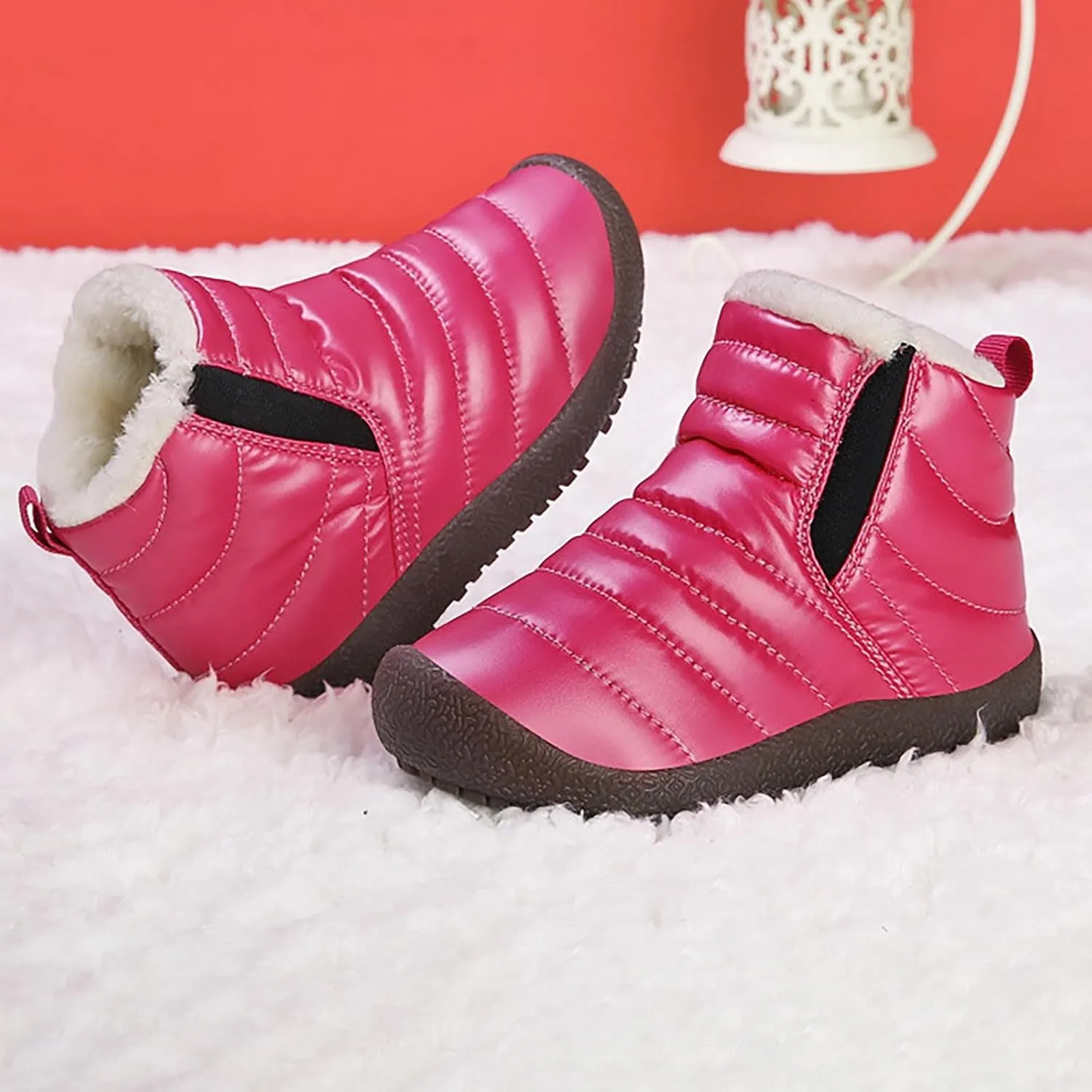 Girls Boys Ankle Snow Boots Faux  Lined Cozy Furry Outdoor Warm Comfortable Non Slip Shoes Winter Solid Flat