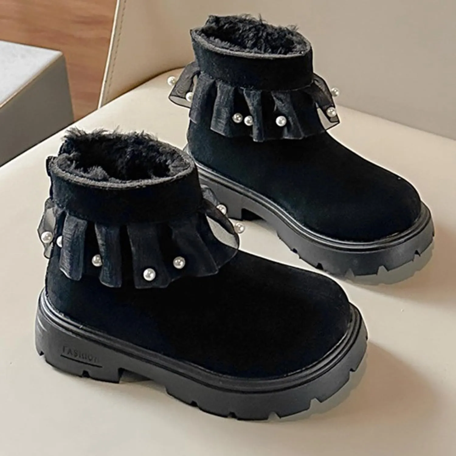 Girls Fashion Pearl Ankle Boots Cute Sweet Lace Decoration Low Heel Thick Bottom Dress Boots Size 11 for Girls