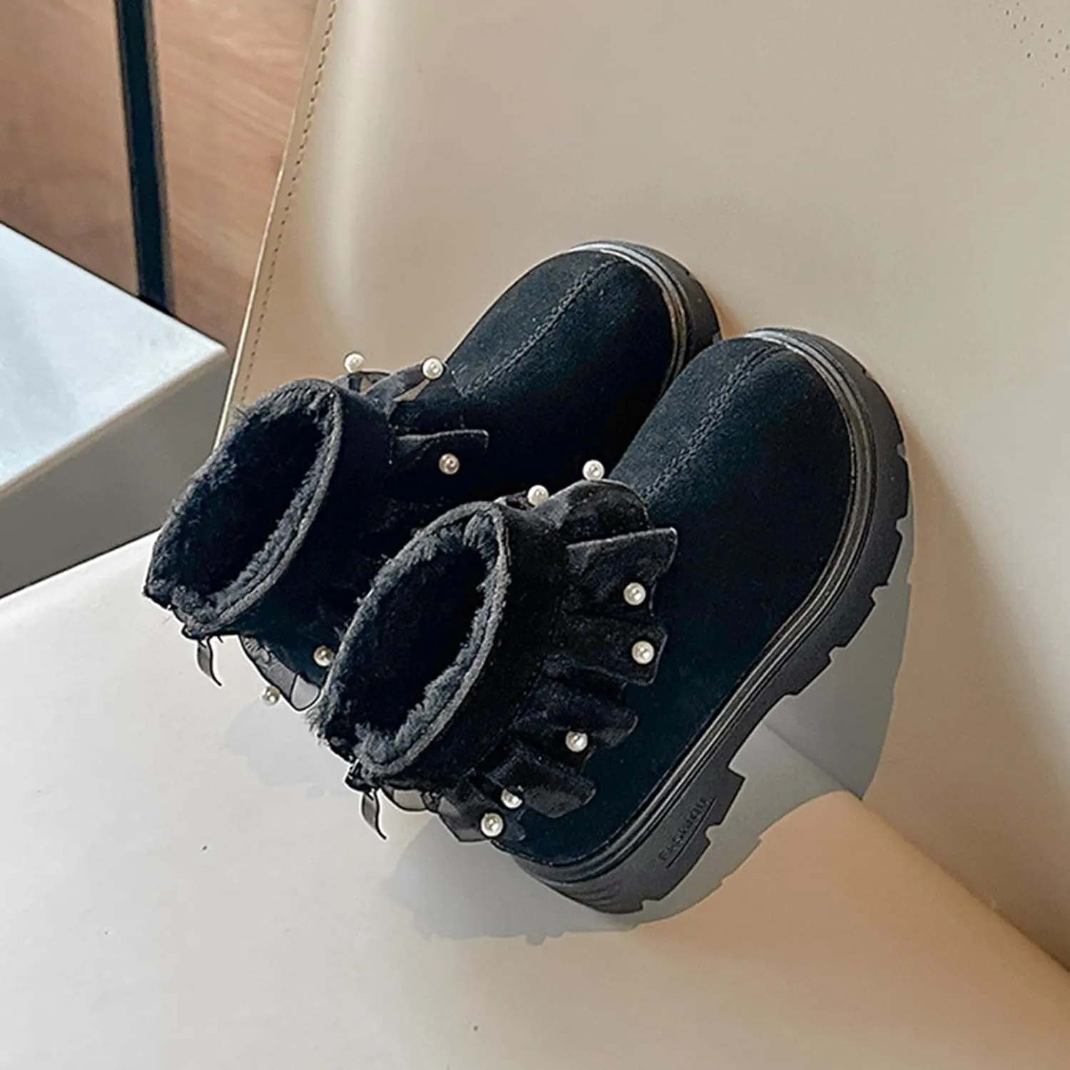 Girls Fashion Pearl Ankle Boots Cute Sweet Lace Decoration Low Heel Thick Bottom Dress Boots Size 11 for Girls