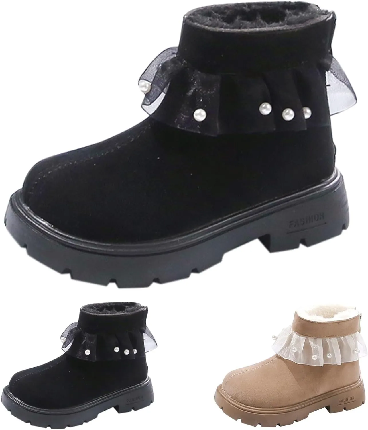 Girls Fashion Pearl Ankle Boots Cute Sweet Lace Decoration Low Heel Thick Bottom Dress Boots Size 11 for Girls