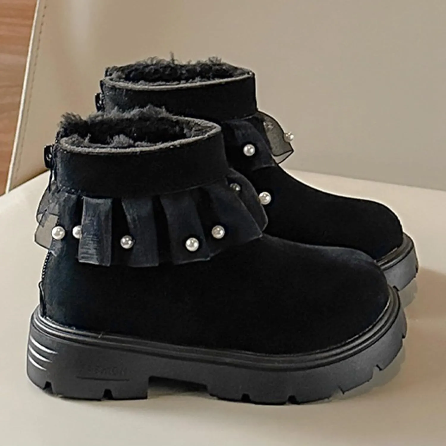 Girls Fashion Pearl Ankle Boots Cute Sweet Lace Decoration Low Heel Thick Bottom Dress Boots Size 11 for Girls