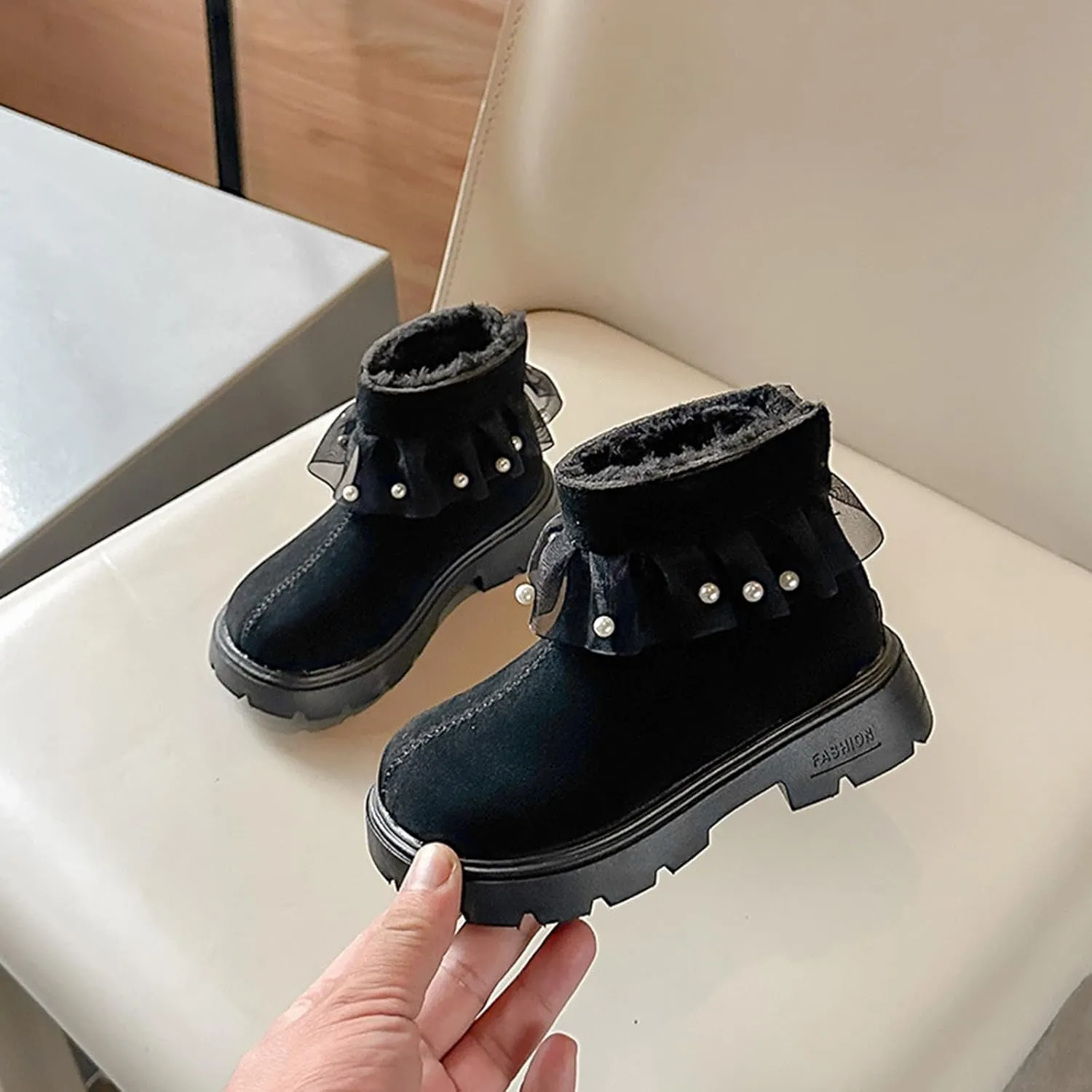 Girls Fashion Pearl Ankle Boots Cute Sweet Lace Decoration Low Heel Thick Bottom Dress Boots Size 11 for Girls