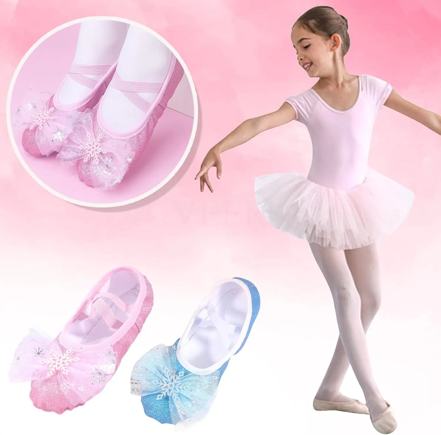 Girls Glitter Ballet Shoes Ballet Slipper with Bow Toddler Mary Jane Flats Shoes Ballerina Dress Shoes for Dance