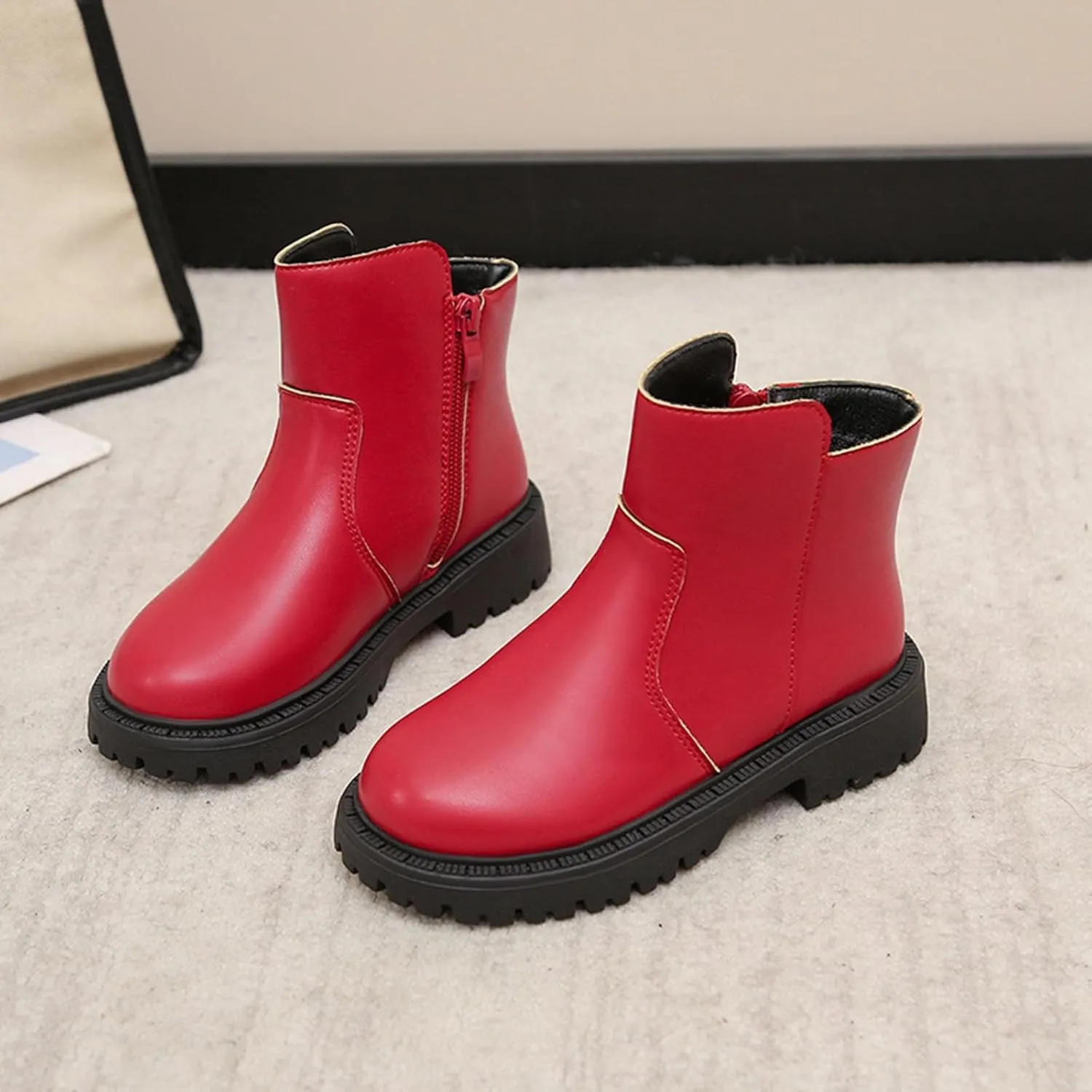 Girls Low Heel Ankle Boots Soft Sole Lightweight Synthetic Non-Slip High Top Leather Casual Walking Shoes for Kids