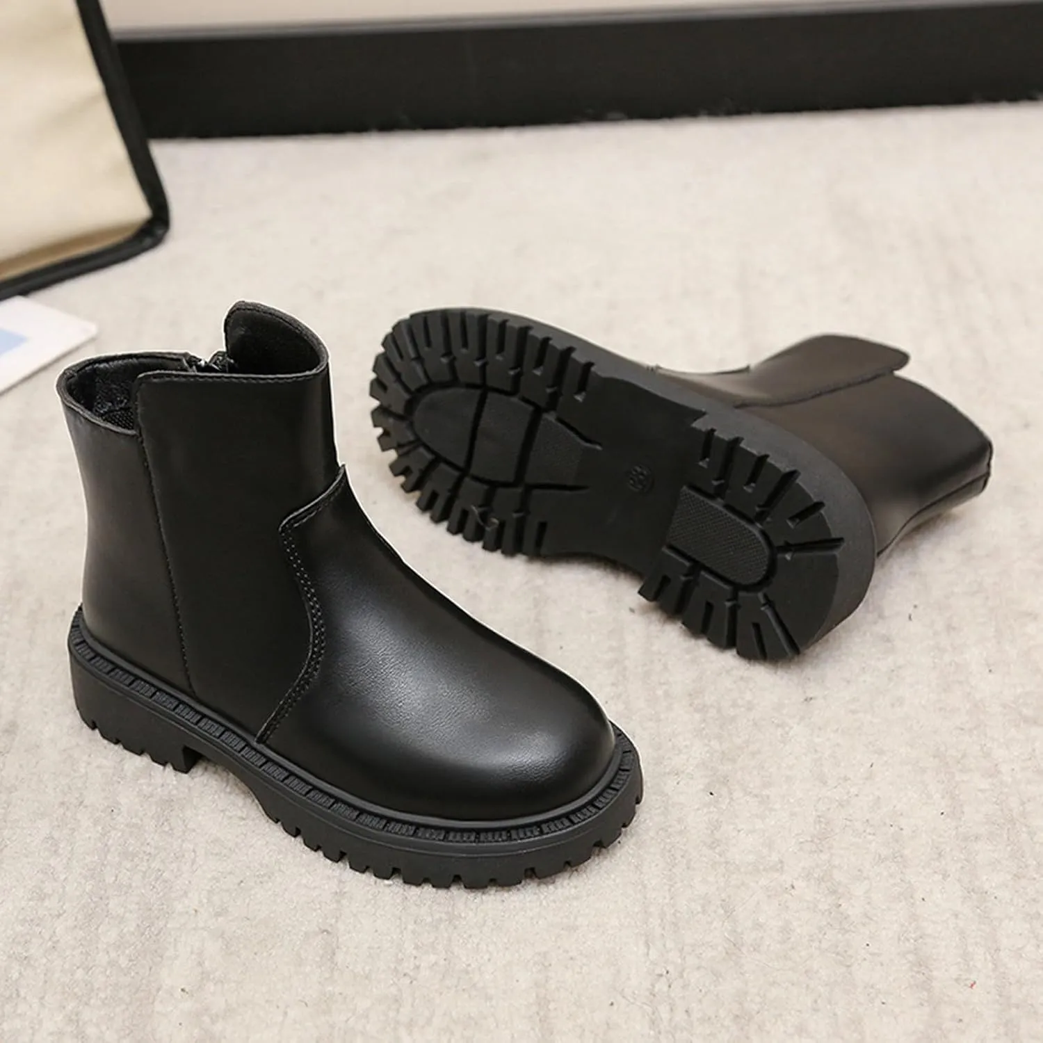 Girls Low Heel Ankle Boots Soft Sole Lightweight Synthetic Non-Slip High Top Leather Casual Walking Shoes for Kids