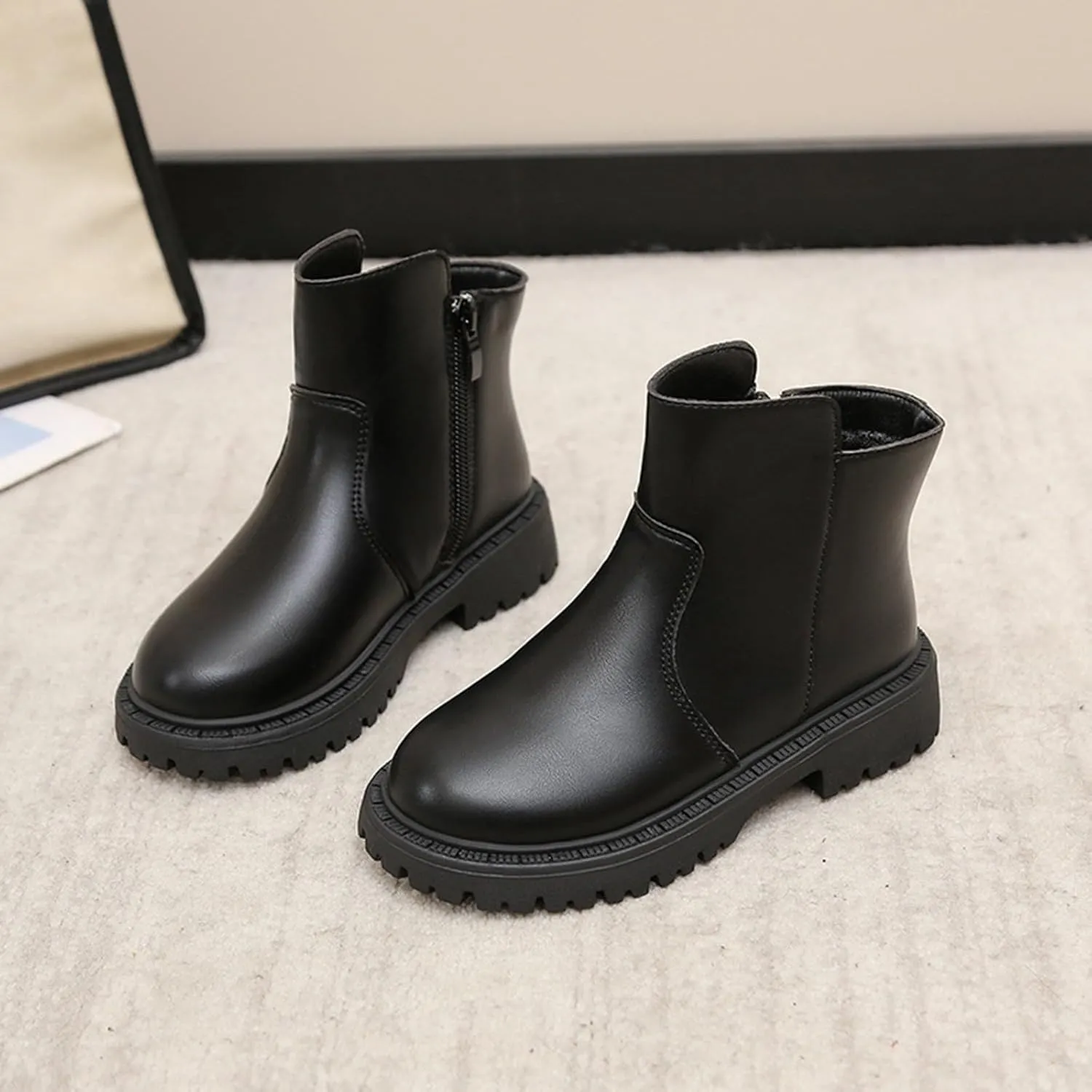 Girls Low Heel Ankle Boots Soft Sole Lightweight Synthetic Non-Slip High Top Leather Casual Walking Shoes for Kids